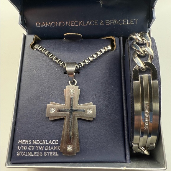 English Laundry Other - New Men’s cross necklace and curb link bracelet set, stainless steel w/diamonds